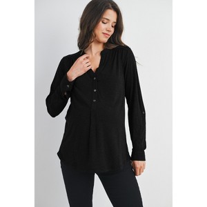 Hello Miz Women's Henley V Neck Roll Tab Button Maternity Top - 1 of 4