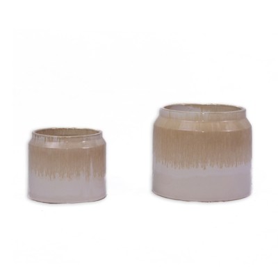 VisioGear 2PCS Gradient Ceramic Flowerpot, Modern Planter for Patio, Garden, Windowsill, White&Brown, 8.47"*8.47"*7.29"
