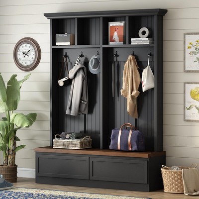 75.6"H Farmhouse 4-in-1 Hall Tree with Wood Grain Bench, Versatile Coat Rack with 2 Large Drawers and 6 Black Hooks - ModernLuxe