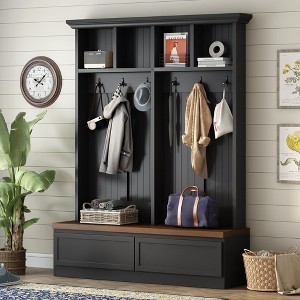 75.6"H Farmhouse 4-in-1 Hall Tree with Wood Grain Bench, Versatile Coat Rack with 2 Large Drawers and 6 Black Hooks - ModernLuxe - 1 of 4