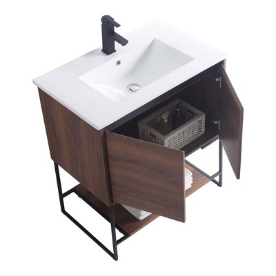 30" Walnut and White Glossy Bathroom Vanity with Shelf