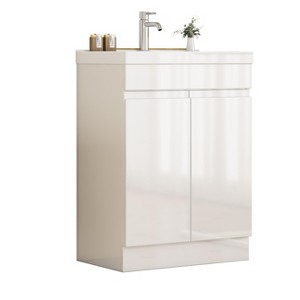 Gulches 24 in 1 Sink Bathroom Vanity Glossy White Bath Vanity with White Ceramic Top 2 Soft-Close Doors Handle-Free - 1 of 4