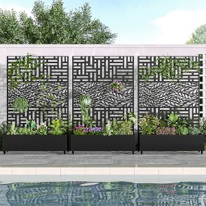 Wooakway 72"H Two-tone Patio Planter Box with Trellis Metal Raised Garden Bed Black Decorative Privacy Screen with Wheels - 1 of 4
