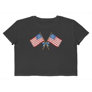 Rerun Island Women's Amercian Flag And Bow Americana 4Th Of July Short Sleeve Graphic Cotton Cropped Loose T-shirt - Caviar 2X - 1 of 4