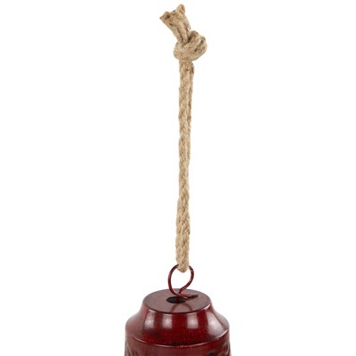 Burgundy Embossed Metal Christmas Bell Ornaments with Jute Rope - Set of 2
