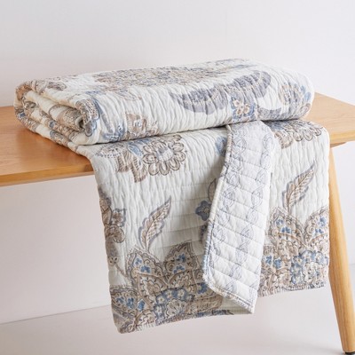 Selesta Blue and Taupe Cotton Reversible Quilted Throw