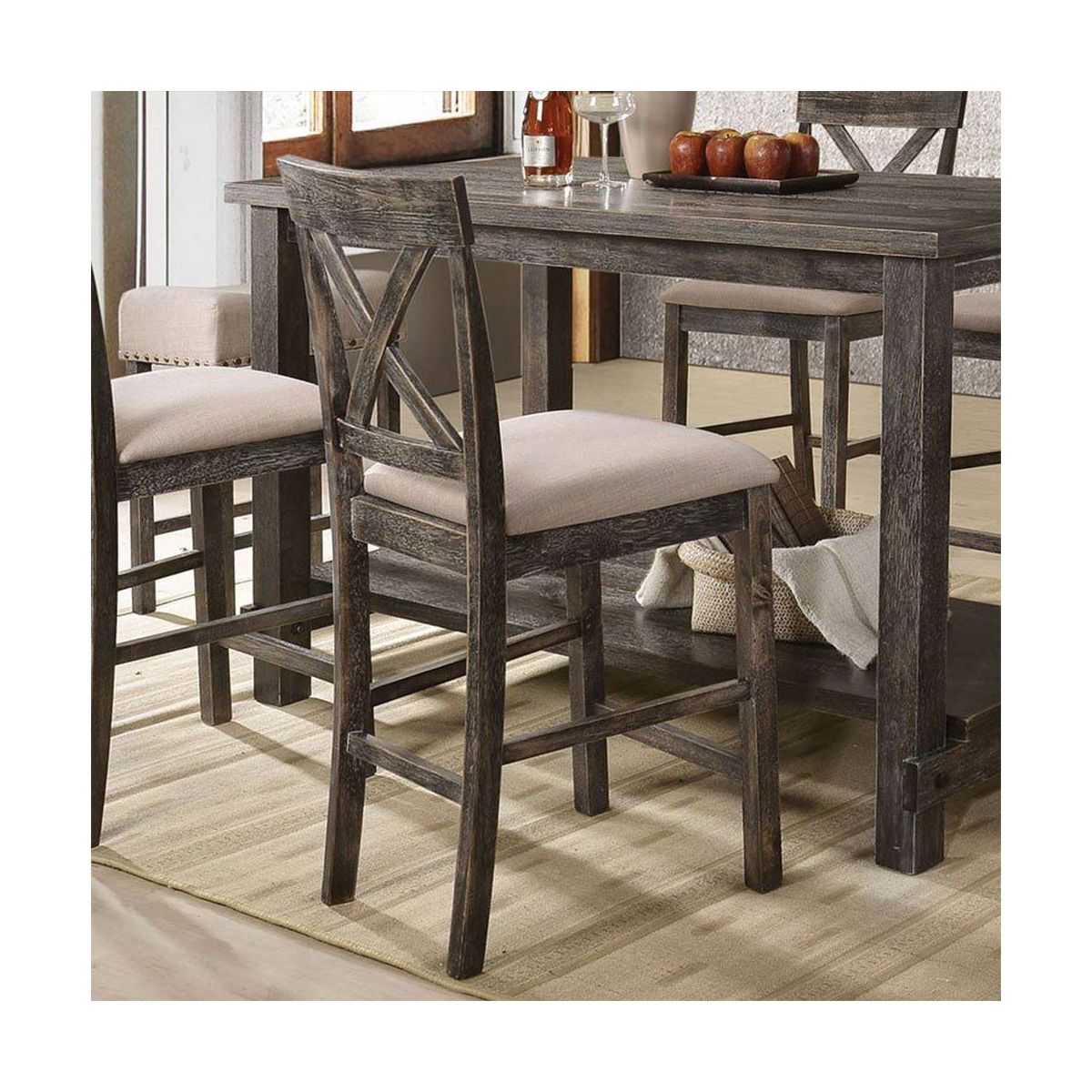 Set of 2 18" Martha Li Counter Height Barstools Tan Linen/Weathered Gray - Acme Furniture: Upholstered, Wood Frame, Armless - thumbnail 2