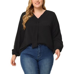 Agnes Orinda Women's Plus Size Office Fashion Long Sleeves Ribbon Front Chiffon Blouses - 1 of 4