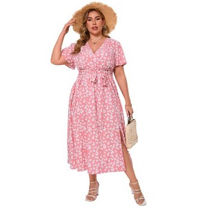 Coolmee Womens Wrap Maxi Dress V Neck Casual Dresses Floral Short Sleeve Slit A-Line Long Sundress with Belt - 1 of 2