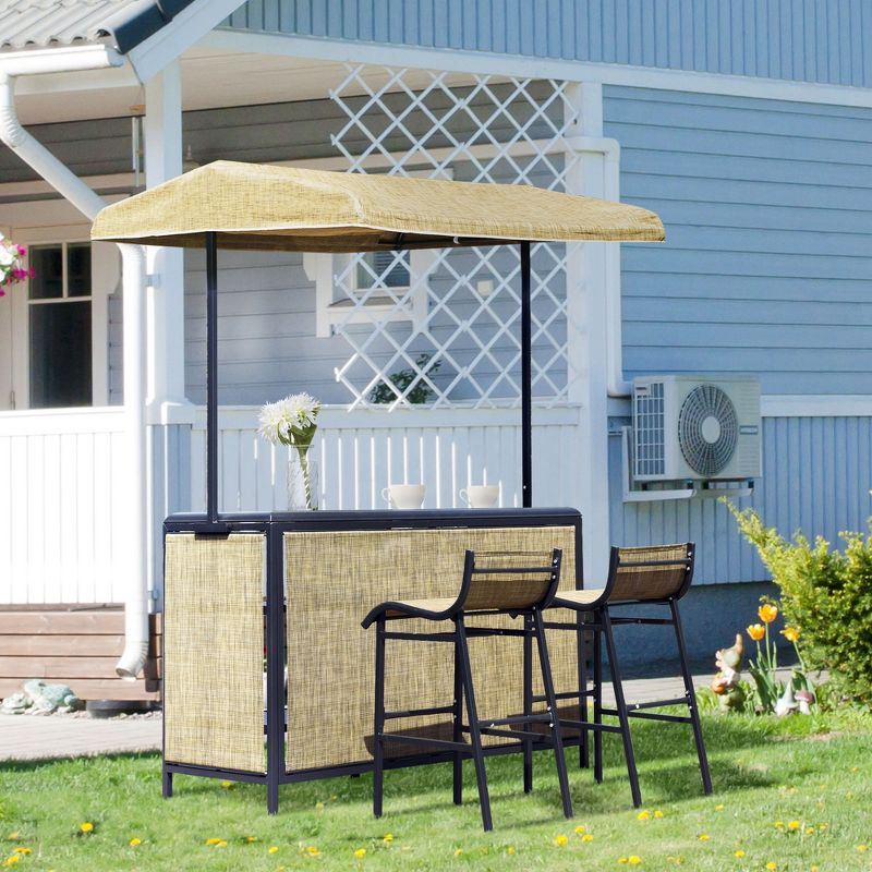 Outsunny 3 Piece Outdoor Bar Set for 2 with Canopy, Rectangular Table with Storage Shelves & Two Bar Chairs, Breathable Mesh, 3 of 10