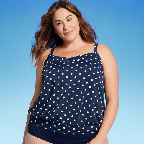 Lands' End Women's UPF 50 Polka Dot Blouson Tankini Top - Navy Blue 3X