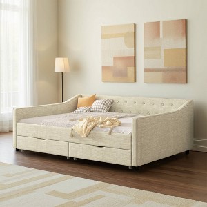 Dovelina Twin Size Daybed with Drawers Upholstered Tufted Sofa Bed, with Button on Back and Piping on Waved Shape Arms-Dark Grey - 1 of 4