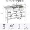 Stainless Steel Freestanding Double Bowl Commercial Utility Sink w/ Faucet, Hot/Cold, Shelf & Drain Kit for Kitchen/Laundry - 3 of 4
