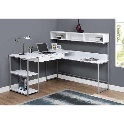 Contemporary White & Silver L-Shaped Computer Desk with Hutch and Drawer