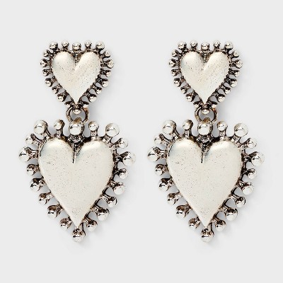 Valentine's Day Double Heart Drop Earrings - Wild Fable™ Silver