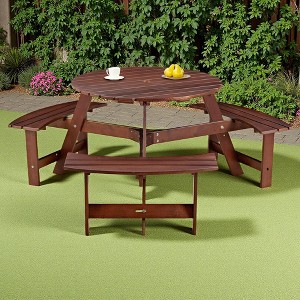 6-Person Outdoor Patio Wooden Round Picnic Table with 3 Built-in Benches and Umbrella Hole - 1 of 4