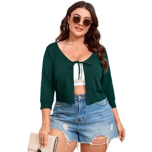 Women's Tie Front 3/4 Sleeve Rib Knit Bolero Open Front Cardigan Sweaters Shrug - 1 of 4