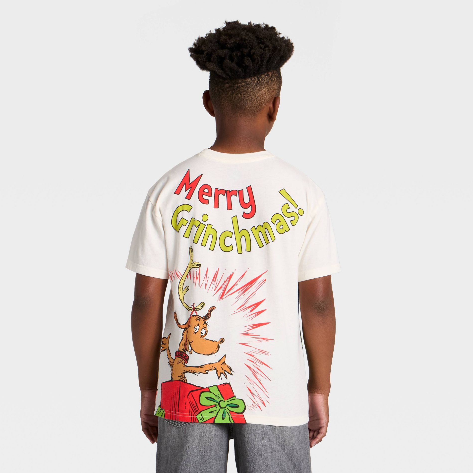 Boys' The Grinch and Max Christmas Front and Back Short Sleeve Oversized Graphic T-Shirt - Ivory