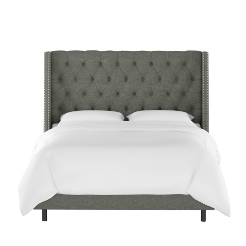 Twin Diamond Tufted Wingback Bed Charcoal Linen With Silver Nail Buttons Skyline Furniture