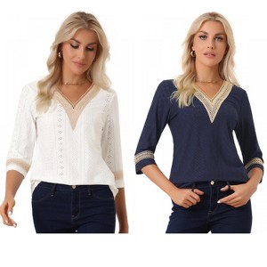 INSPIRE CHIC Women's V Neck Contrast Color Lace Trim Boho Top 2 Packs - 1 of 4