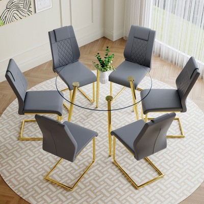 NicBex 5 PCS/7 PCS Dining Table Set with 42 Inch Round Dining Table and 4/6 PU Leather High-Back Chairs for Kitchen/Apartment