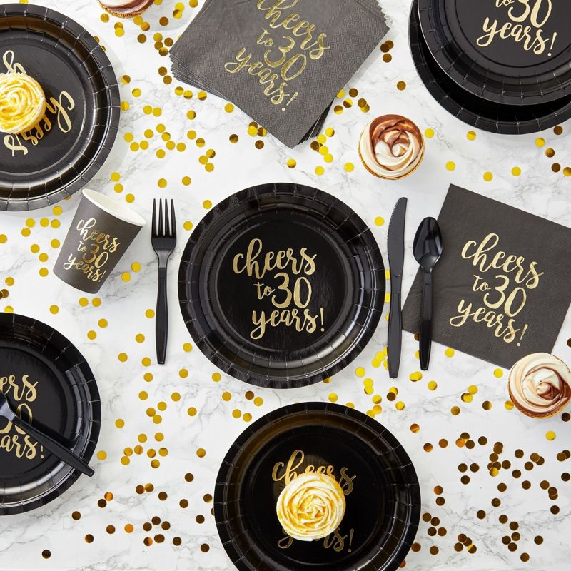 Blue Panda 144-Piece Cheers to 30 Years Plates, Napkins, Cutlery, Cups for Black and Gold 30th Birthday Party Supplies, Anniversary, Serves 24, 3 of 10