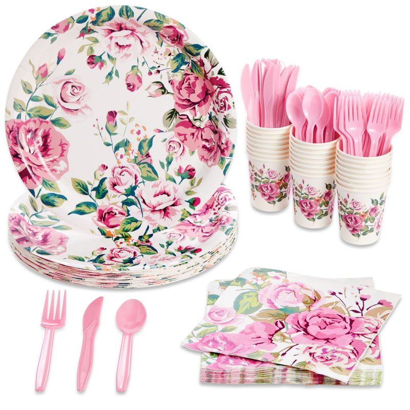 Blue Panda 144 Piece Vintage Style Tea Party Supplies with Pink Floral Paper Plates, Napkins, Cups, and Cutlery, Disposable Tableware Set, Serves 24, 1 of 9
