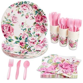 Blue Panda 144 Piece Vintage Style Tea Party Supplies with Pink Floral Paper Plates, Napkins, Cups, and Cutlery, Disposable Tableware Set, Serves 24
