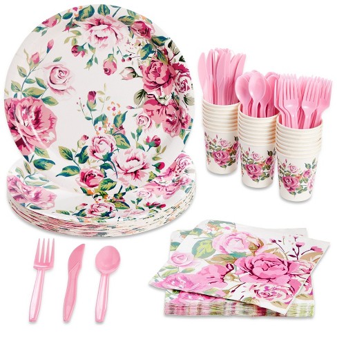 144 Piece Vintage Floral Tea Party Supplies, Pink Flower Dinnerware Set with Plates, Napkins, Cups, and Cutlery (Serves 24)