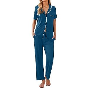 Ekouaer Women Pajamas Set Button Down Sleepwear Short Sleeve Nightwear with Long Pants Soft Pjs Set - 1 of 4