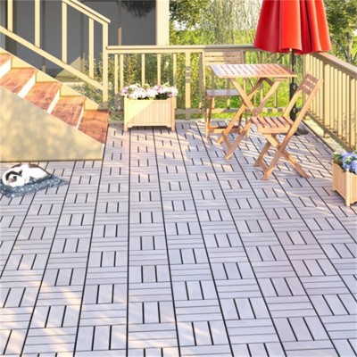SKRAN Interlocking Deck Tiles Checker Pattern, Light Gray Square Acacia Hardwood Outdoor Flooring for Patio, Bancony, Pool Side