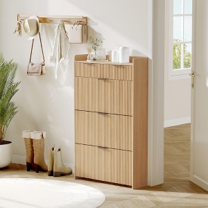 Modern Fluted Shoe Storage Cabinet – 3 Flip Drawers + 2 Open Drawers, Slim Space-Saving Organizer for Entryway/Hallway (1-Piece) - 1 of 4