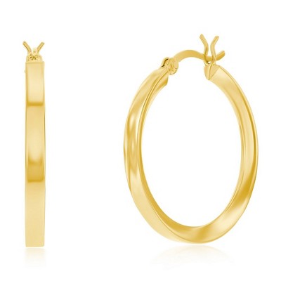 Bella Silver Sterling Silver 3x30mm Fancy Flat Hoop Earrings - Gold Plated - Gold