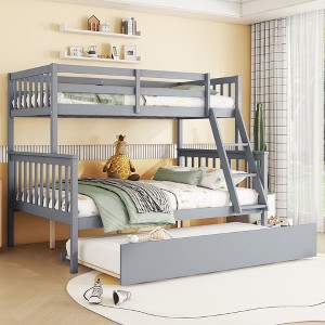 Twin Over Full Bunk Bed Convertible Bed with Trundle, Convertible Ladder, Safety Guardrails and Rubber Wood Frame, White/Grey/Espresso-ModernLuxe - 1 of 4
