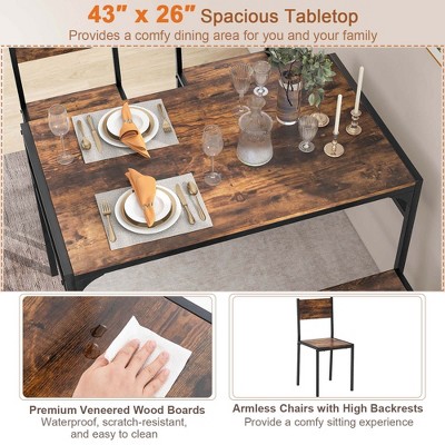 Rustic Brown MDF and Metal Dining Table Set with Bench and 2 Chairs