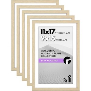Americanflat 11x17 Picture Frame with Polished Plexiglass - Set of 5 - Use as 9x15 Frame with Mat or 11x17 Frame Without Mat - Natural Oak - 1 of 4