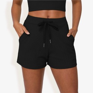 Anna-Kaci Women's High Waist Ribbed Drawstring Athletic Shorts with Side Pockets - 1 of 4