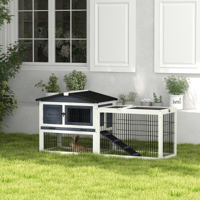 2 Level Outdoor Rabbit Hutch with Run and Ramp,59'' Wooden Bunny Cage with Openable Roof Removable Tray- LAOTIES
