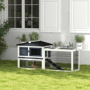 2 Level Outdoor Rabbit Hutch with Run and Ramp,59'' Wooden Bunny Cage with Openable Roof Removable Tray- LAOTIES - 1 of 4