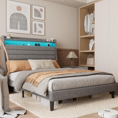 Bed Frame with USB Charging Station & LED Lights, LED Platform Bed with 2-Tier Upholstered Storage Headboard, Sturdy Wood Support,