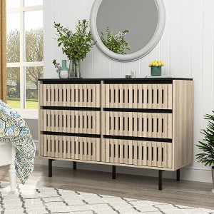 Resenkos Rustic Boho Wood Dresser for Bedroom with 6 Drawers, Hollow Design Storage Organizer Bedroom Furniture, Natural Brown - 1 of 4