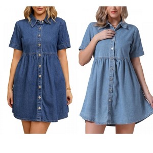 INSPIRE CHIC Women's Denim Short Sleeve Button Down Turndown Collar Babydoll Mini Shirt Dresses 2 Packs - 1 of 4