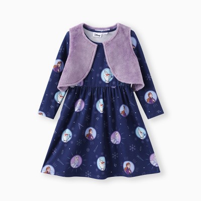 PATPAT Disney Frozen Toddlers Girl 2pcs Elsa And Anna Plush Vest And Naia? Character Print Long-sleeve Dress Set