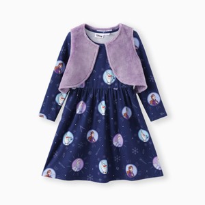 PATPAT Disney Frozen Toddlers Girl 2pcs Elsa And Anna Plush Vest And Naia? Character Print Long-sleeve Dress Set - 1 of 4