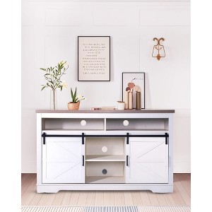 ORRD 33" Tall Farmhouse TV Stand for 65+ Inch TV, Rustic Entertainment Center with Sliding Barn Doors & Storage, Antique White - 1 of 4