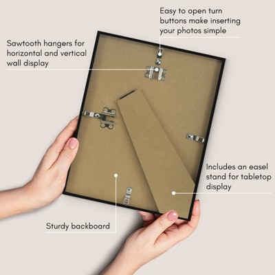 Black 8.5x11 Slim Glass Picture Frame for Wall and Tabletop