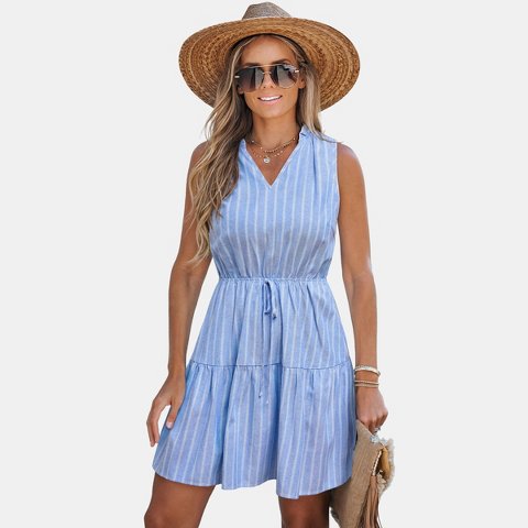 Женские платья Cupshe Women's Blue White Striped V Neck Tiered Ruffle Mini Dress-L-Blue