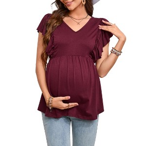 Womens Maternity Tops Shirts Ruffle Short Sleeve V Neck T Shirts Summer Casual High Waist Tops Pregnancy Tunic Blouse - 1 of 4