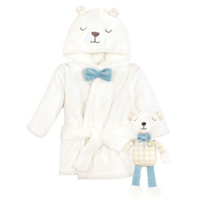 Image of Hudson Baby Unisex Baby Plush Bathrobe and Toy Set, Gingham Bear Boy, One Size