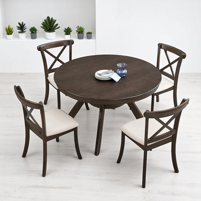 Mid Century Modern 5-Piece Round Dining Table Set, Solid Rubber Wood Table with 4 Upholstered Cross Back Chairs for Kitchen or Dining Room
